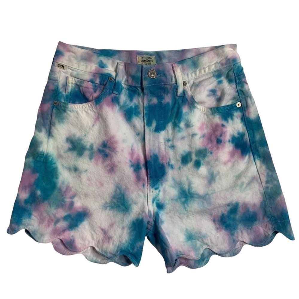 Citizens Of Humanity Custom Tie Dye Scalloped Hem High Rise Denim Shorts - Picture 2 of 14